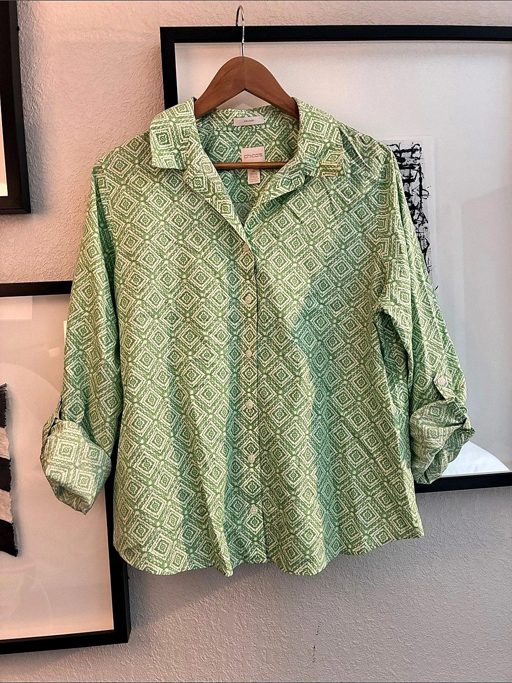 Chico's Geometric Cotton Blouse in Green & White Like New